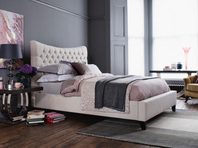 Pink and grey bedroom – buttoned double bed frame